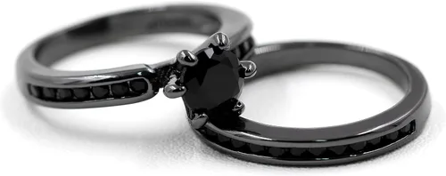 Vista 6 de Conjunto de canal solitario de circón negro anillo de compromiso de eternidad anillo de compromiso de 2 piezas para mujer conjuntos de anillos