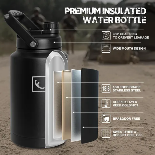 Vista 6 de NATURE PIONEOR Botella de agua táctica de 128 oz/1 galón con bolsa para Negro