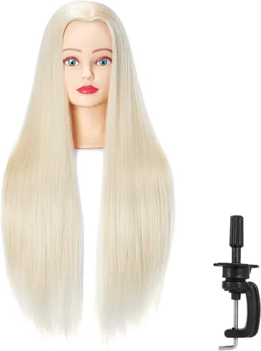 Vista 23 de Hairingrid Cabeza de maniquí de 26 a 28 pulgadas, para entrenamiento de peinado, cosmetología, cabeza de muñeca, pelo de fibra sintética y soporte