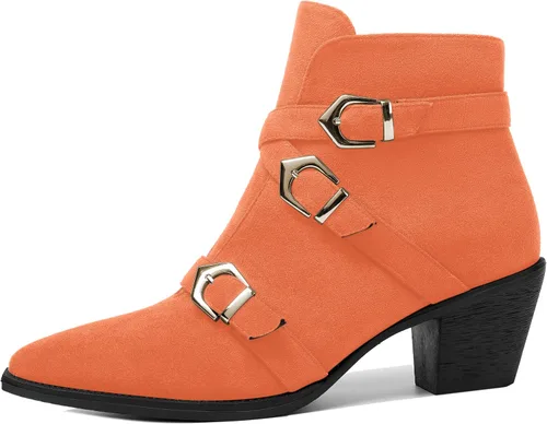 Vista 2 de AMBELIGHT Botas altas de tacón bajo grueso con cremallera y puntera puntiaguda para mujer, 2.5 pulgadas