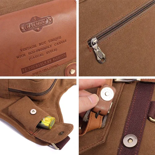 Vista 5 de Bolso de mensajero de lona vintage para hombre, bolso de mensajero de retazos de cuero en el pecho