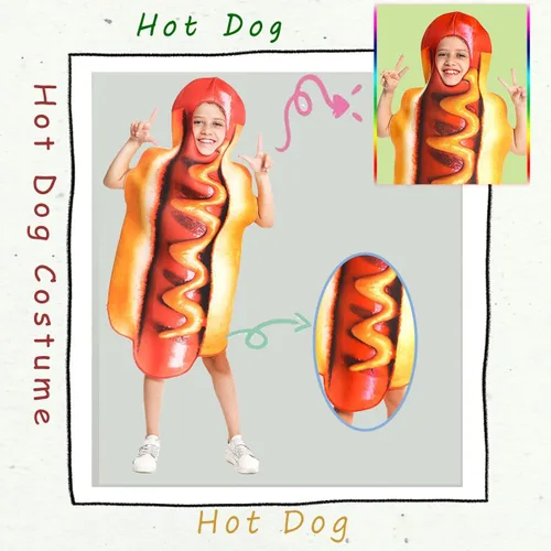 Vista 2 de DSplay Disfraz de perrito caliente para niños, cosplay, comida y perro caliente (apto para niños de 4 a 8 años)