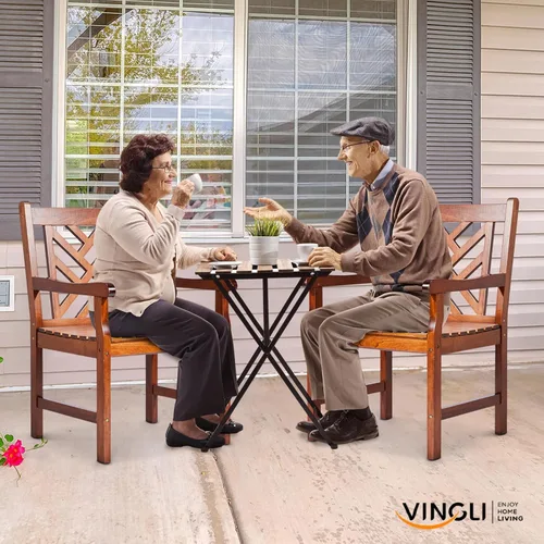 Vista 2 de VINGLI Juego de 2 sillas de comedor al aire libre, sillas de madera resistentes de 330 libras para patio con respaldo cómodo, sillas de comedor