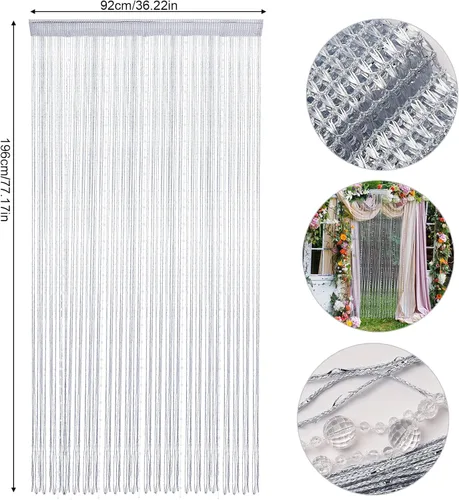 Vista 3 de Cortinas blancas con cuentas para puertas de 36 x 77 pulgadas, cortina de cuentas con borlas de cristal para colgar en la puerta, cortinas