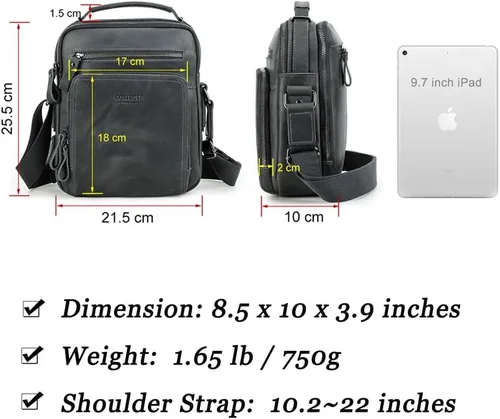 Vista 3 de Contacts Bolso bandolera pequeño de cuero para hombre, bolso cruzado de viaje de negocios, bolso de hombro para iPad de hasta 9.7 pulgadas (gris)
