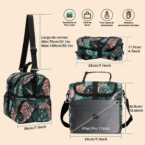 Vista 2 de PBRO Lonchera térmica de doble cubierta para mujer, lonchera grande reutilizable con cinturón de hombro ajustable, bolsillos laterales, lindas hojas