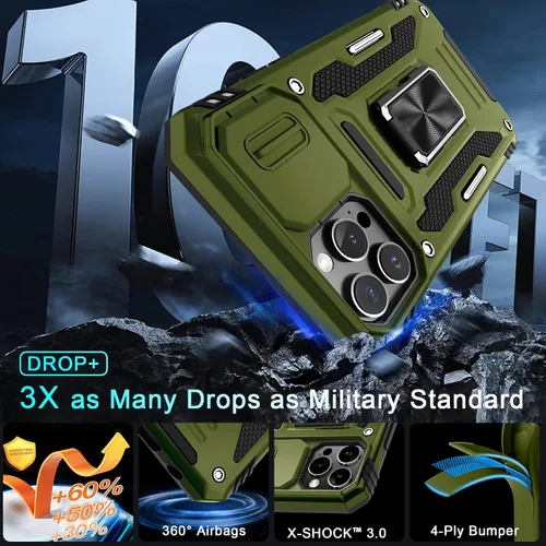 Vista 55 de DEERLAMN Funda para iPhone Xs Max con funda deslizante para cámara + protector de pantalla, soporte giratorio de anillo de grado militar a prueba