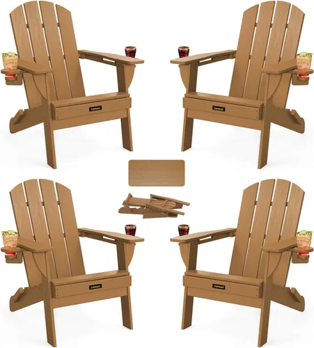 Vista 11 de Silla Adirondack Plegable, Sillas Adirondack de Plástico con Textura de Madera con 2 Portavasos, Silla para Hoguera de HDPE Resistente a