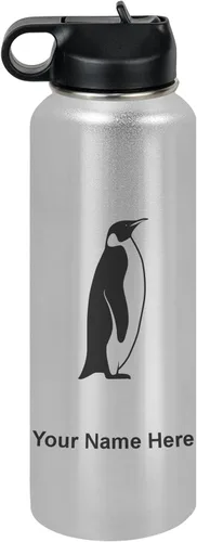 Vista 14 de LaserGram Botella de agua personalizada, pingüino, acero inoxidable de doble pared aislada al vacío con popote superior, regalo grabado
