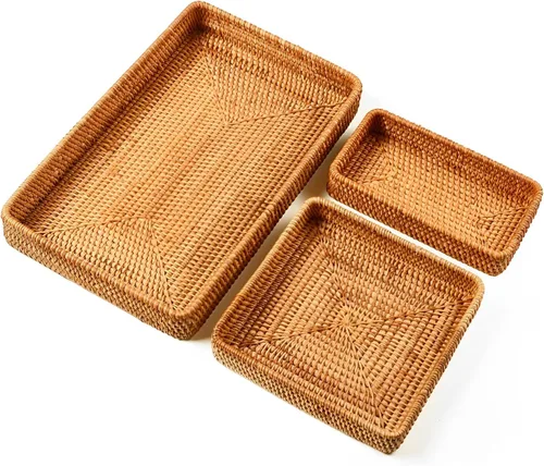 Vista 8 de i-lan Juego de 3 bandejas rectangulares de ratán y nácar azul de 15 pulgadas, bandejas tejidas de ratán natural, rectangulares bohemias, cestas
