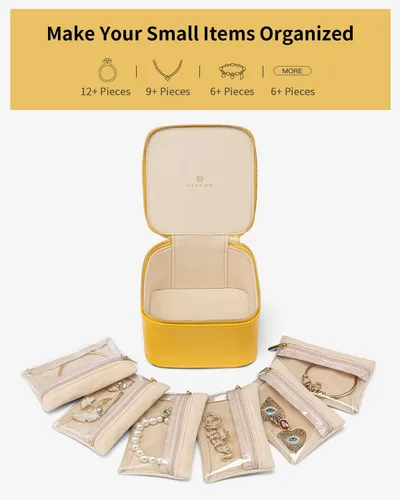 Vista 3 de Vlando Joyero de viaje, pequeña bolsa de joyería con 6 bolsillos de terciopelo con cremallera, organizador de joyería de piel sintética para mujeres