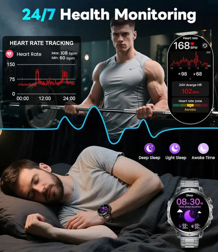 Vista 6 de LIGE Relojes inteligentes para hombres con más de 50 días de espera (1000 mAh)/1.85 pulgadas HD AMOLED pantalla grande/linterna/164.0 ft resistente