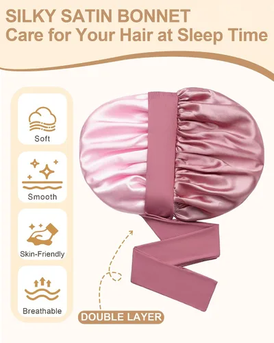 Vista 4 de Gorro de satén para mujeres, gorros de seda para dormir, gorro para cabello rizado con banda elástica con lazo, reversible de doble capa, gorro