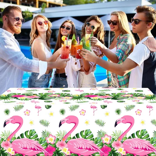 Vista 7 de Preboun 3 manteles de verano con diseño de flamenco para fiestas, mantel de plástico tropical hawaiano, 54 x 108 pulgadas, decoración de mesa rosa
