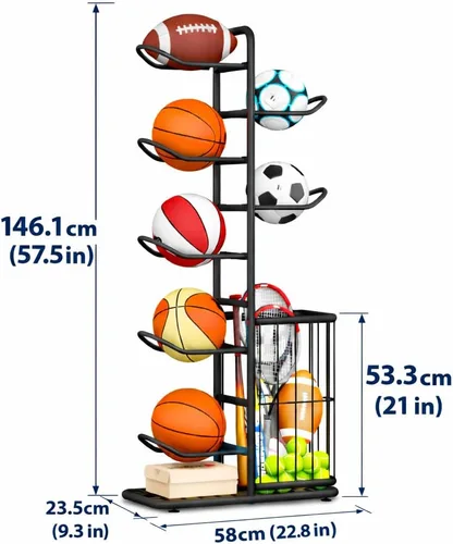 Vista 2 de Estante de almacenamiento para equipos deportivos de 7 bolas con soporte para pelotas y estante de baloncesto, organizador de equipo atlético
