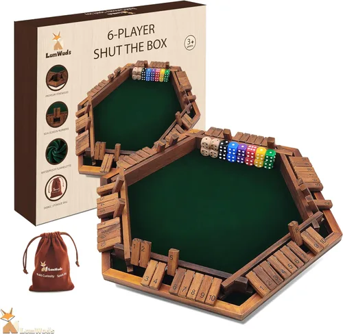 Vista 9 de Shut The Box Game Tablero de madera (13.78 pulgadas) para 1-4 jugadores, juegos de dados familiares para adultos con 12 dados, aprendizaje educativo