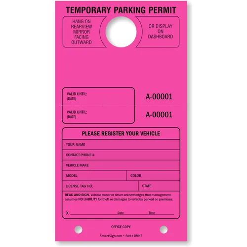 Vista 12 de SmartSign Etiqueta colgante de espejo "Permiso de estacionamiento temporal" Paquete de 50 Verde fluorescente Cartulina de 7.75 x 4.25 pulgadas