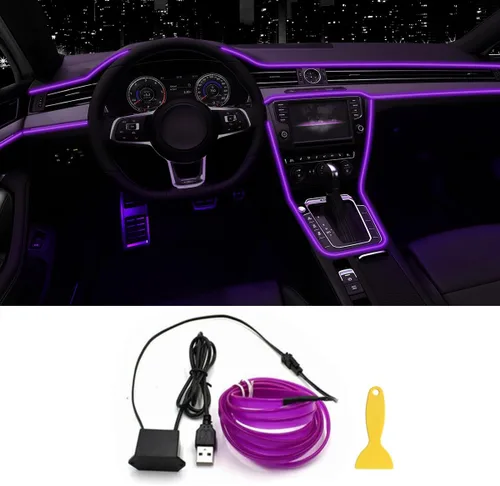 Vista 8 de Tira de luces LED de alambre EL para interior del automóvil, tira de cable USB de neón brillante estroboscópico de 16.5 pies con borde de costura