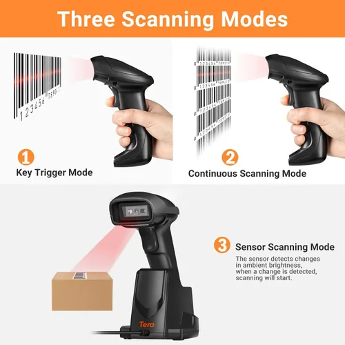 Vista 5 de Tera Escáner de código de barras inalámbrico 1D 2D QR con base de carga USB, lector de código de barras de mano, escáner de detección automática