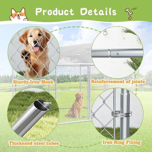 Vista 5 de Grepatio Perrera para perros al aire libre de 10 x 10 pies con techo, recinto exterior para perros con 2 comederos giratorios, cerca para perros