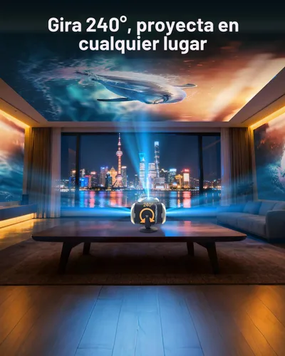 Vista 4 de Mini proyector para iPhone, proyector de películas portátil con WiFi y Bluetooth, soporte de 1080P, proyector de video giratorio de 240°