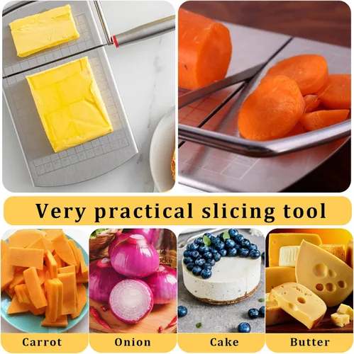 Vista 6 de Cortador de queso para bloque de queso, cortador multifuncional de acero inoxidable con cuchilla, tablero cortador de queso con escala