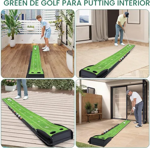 Vista 7 de Losbenco Putting Green - Juego de golf para interiores con putter y 6 bolas, tapete de práctica de golf portátil con sistema de retorno automático