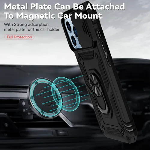 Vista 3 de Funda para iPhone 13 Pro, con cubierta para lente de cámara, protector de pantalla HD, [grado militar] anillo de montaje en coche con soporte Negro