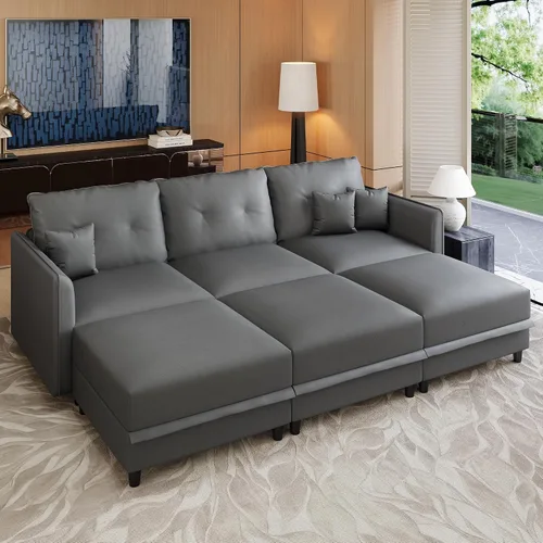 Vista 19 de LLappuil Sofá cama modular modular con almacenamiento, sofás de piel sintética de 6 plazas para sala de estar, color marrón