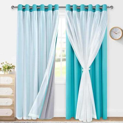 Vista 16 de XWZO Cortinas 100% opacas de doble capa para guardería, cortinas opacas con superposición transparente para dormitorio de niñas, cortinas