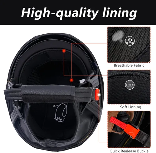 Vista 2 de Casco de motocicleta de cuero de estilo alemán, aprobado por DOT, casco vintage de media cara con gafas y visera oculta, media carcasa