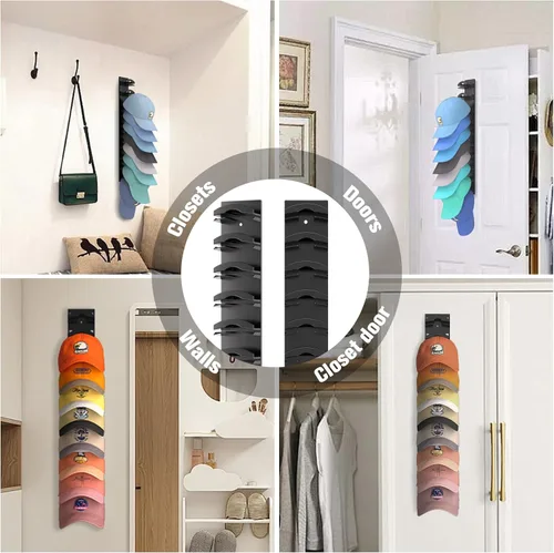 Vista 6 de Organizador de sombreros para gorras de béisbol, estante para sombreros de pared con adhesivo fuerte que sostiene hasta 10 sombreros, soporte
