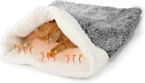 Vista 7 de Saco de dormir autocalentable para gatos de interior, cama cueva autocalentable para gatos, almohadilla térmica acogedora y suave para invierno Gris