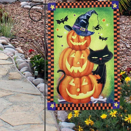 Vista 2 de Bandera de jardín de Halloween de calabazas de gato negro, 12 x 18 pulgadas, doble cara, decoraciones de Halloween, decoración del hogar, calabazas