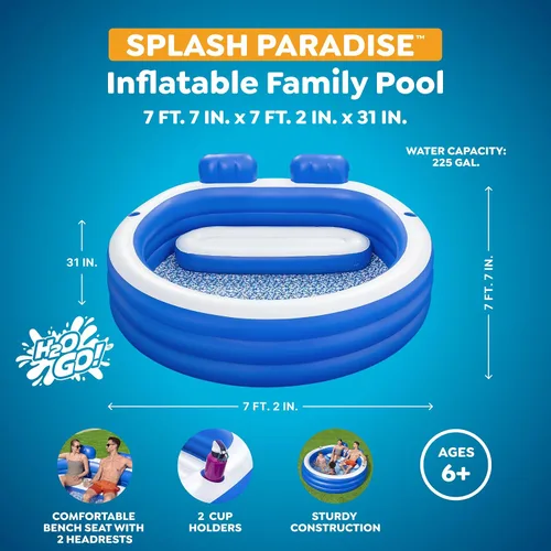 Vista 3 de H2OGO! - Piscina familiar inflable Splash Paradise de 7 pies 7 pulgadas x 7 pies 2 pulgadas x 31 pulgadas, piscina inflable al aire libre para niños
