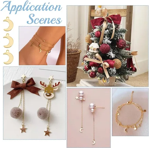 Vista 6 de UNICRAFTALE 50 dijes de luna de acero inoxidable, dijes dorados para hacer joyas, colgantes para collares, pulseras, aretes, manualidades, agujero