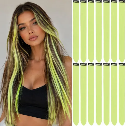 Vista 12 de 20 extensiones de cabello de colores, coloridas extensiones de cabello sintético con clip, extensiones de cabello sintético largo y lacio