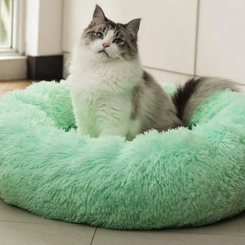 Vista 7 de Cama redonda antiansiedad de felpa sintética esponjosa cálida y lavable para perros y gatos, cama original para mascotas pequeñas, medianas
