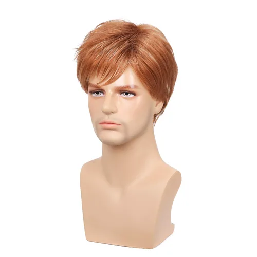 Vista 3 de Baruisi Peluca corta para hombre, color marrón claro, repuesto de cabello sintético, Cospaly Halloween