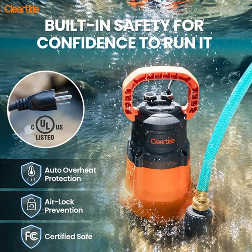 Vista 5 de Cleartide Bomba de agua sumergible de 1 HP, bomba de sumidero de 4500 GPH, enchufe portátil y trabajo para estanque, riego de jardín, piscina