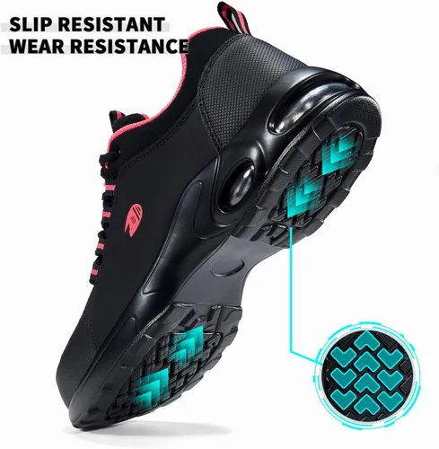 Vista 3 de Delobi Zapatos de punta de acero para mujer, zapatos de trabajo de seguridad, antideslizantes, cómodos, ligeros, con amortiguación de aire, zapatos