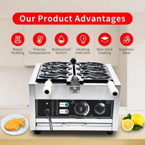 Vista 3 de Taiyaki - Máquina eléctrica Taiyaki para hacer gofres de pescado, 3 piezas, revestimiento de teflón antiadherente, hierro en forma de pescado, 110