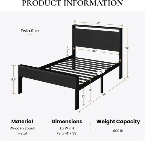 Vista 2 de SHA CERLIN Base de cama de plataforma metálica de tamaño individual de 14 pulgadas con cabecera y estribo de madera, base de colchón, no necesita