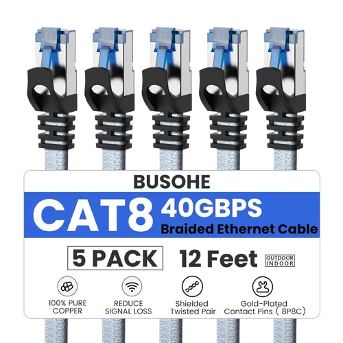 Vista 21 de Cable Ethernet Cat 8 de 1.5 pies, cable de conexión de red LAN de alta velocidad trenzado de nailon resistente, 40 Gbps 2000 Mhz SFTP blindado RJ45