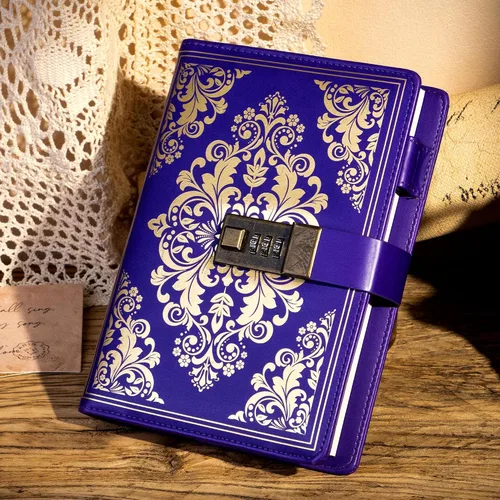 Vista 2 de Diario con cerradura CAGIE para mujeres, diario vintage recargable con cerradura de 224 páginas, diario de cuero con cerradura para secretos
