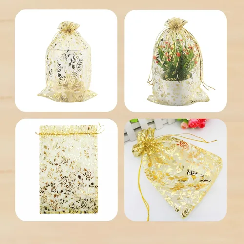 Vista 4 de 8 x 12 pulgadas 100 bolsas de flores de corazón con cordón de organza bolsa de regalo de joyería bolsa de dulces con cordón de regalo de boda