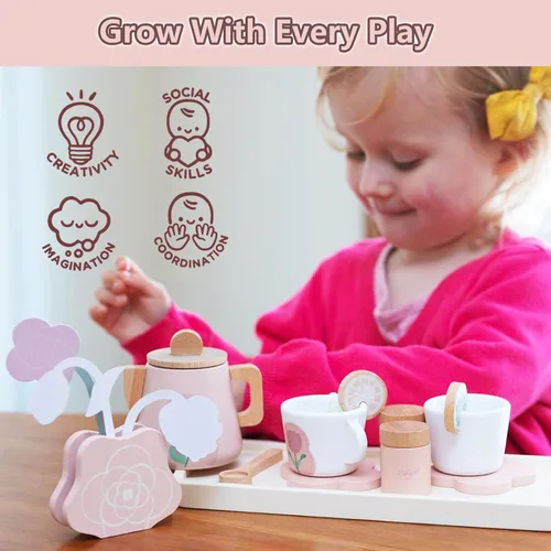 Vista 2 de Juego de té de madera para niñas pequeñas, juguete de juego de té con 27 piezas de accesorios de cocina de simulación, juguete de té de princesa