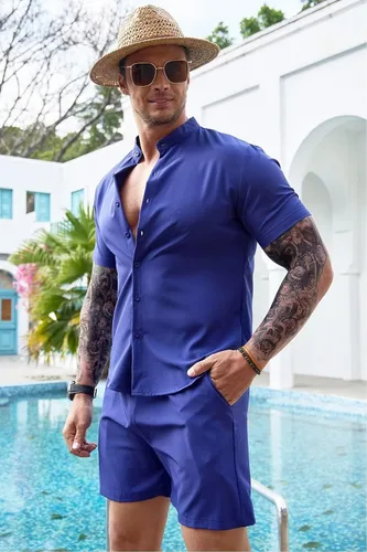 Vista 5 de Uni Clau Conjunto corto de 2 piezas para hombre, conjunto de camisa con botones y pantalones cortos, conjunto de chándal de playa