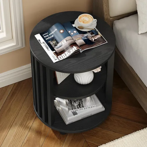 Vista 6 de Mesa auxiliar redonda, mesita de noche de madera, mesita de noche moderna de mediados de siglo con estante de almacenamiento abierto, mesas