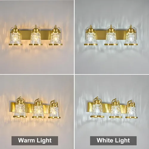 Vista 2 de Lámpara de tocador de baño de 3 luces, moderna, industrial, dorada, con accesorios de cristal para el baño sobre el espejo